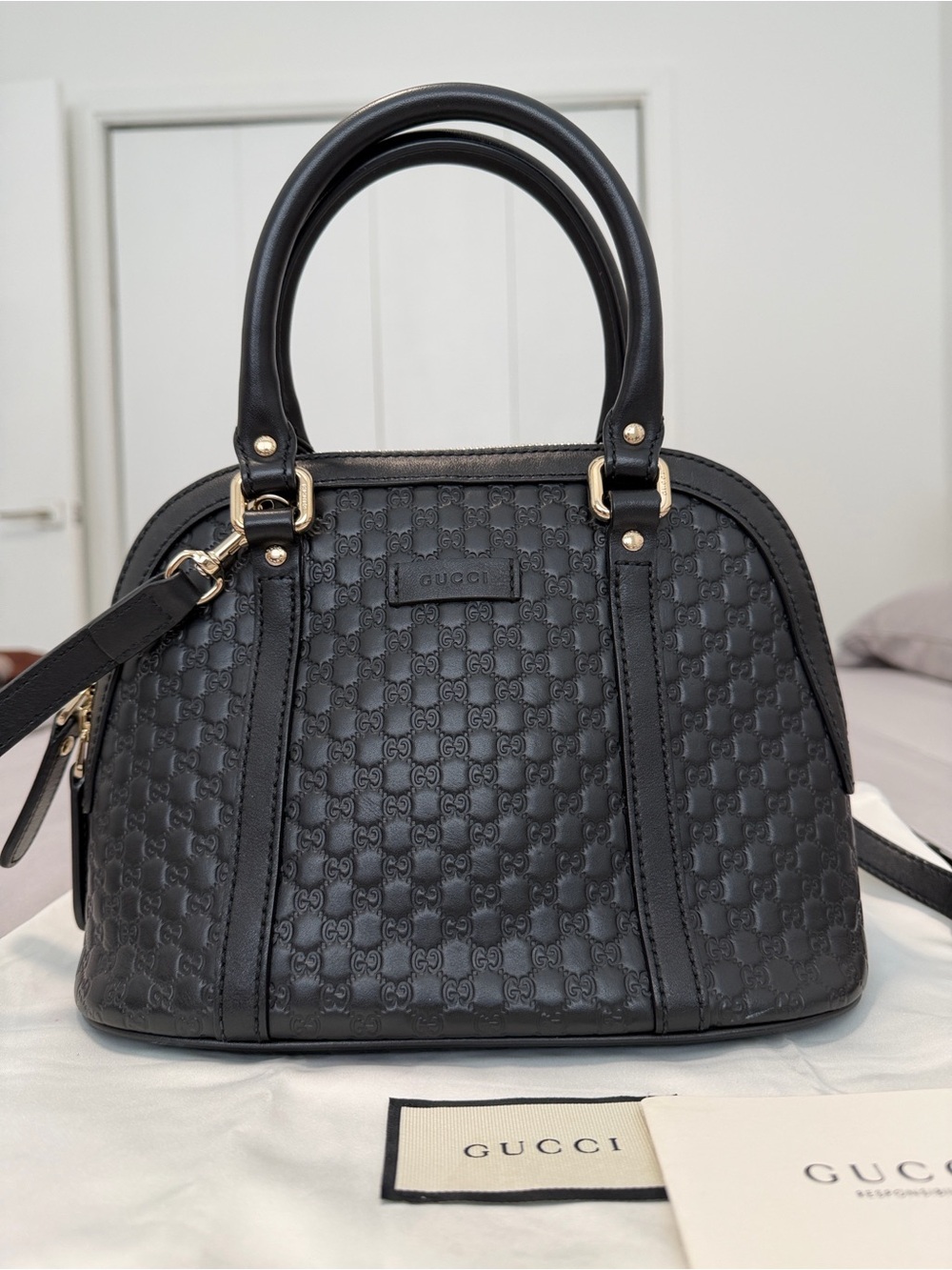 Gucci Authentic Microguccissima Dome Small Black Leather BSatchel with Gold Hard